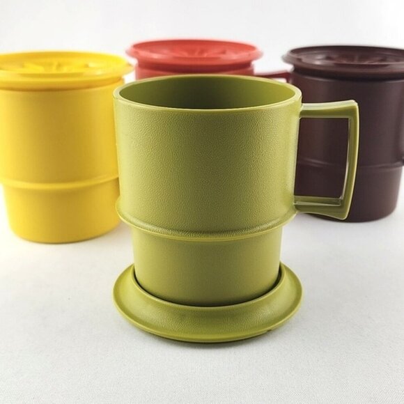 Tupperware Vintage Harvest Colours 4 Stackable Cups #1312  & Coasters #1313 - Picture 3 of 11